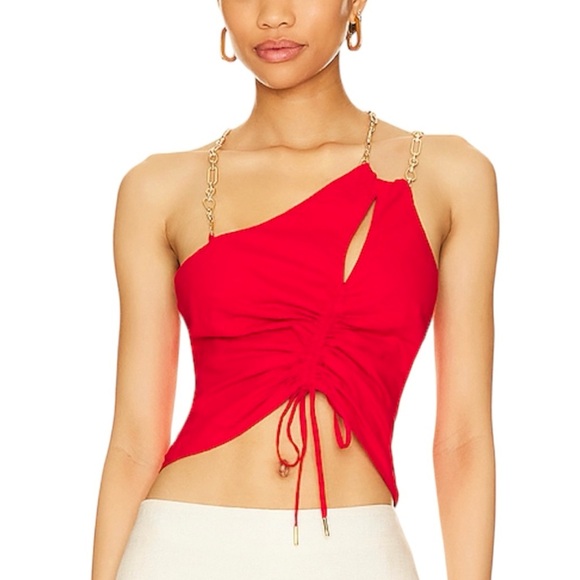 Revolve Lovers and Friends Rosalie Red Linen Asymmetrical Gold Chain Top Small - Picture 1 of 5